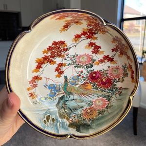 Vintage 70s Japanese decorative bowl with peacock and maple tree detail